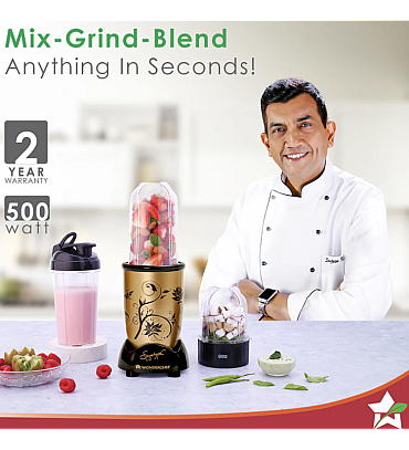 Nutri-blend, 400W, 22000 RPM 100% Full Copper Motor, Mixer-Grinder, Blender, SS Blades, 2 unbreakable Jars, 2 Years warranty, Champagne, Recipe book by Chef Sanjeev Kapoor